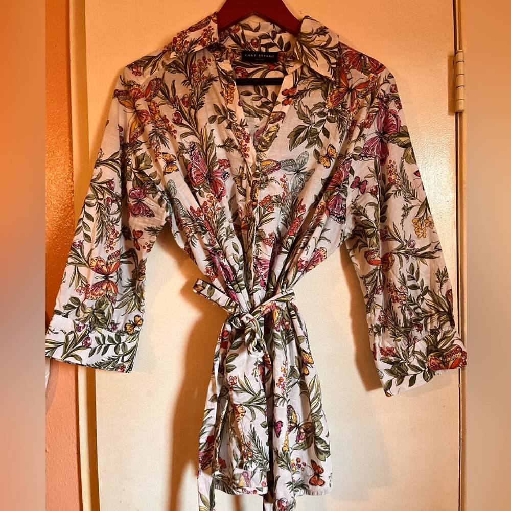 Lane Bryant Cotton 3/4 Sleeve Button Shirt Tunic Plus Size 12 Butterfly Floral